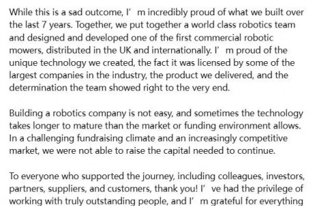 又一家割草機器人廠商倒閉!